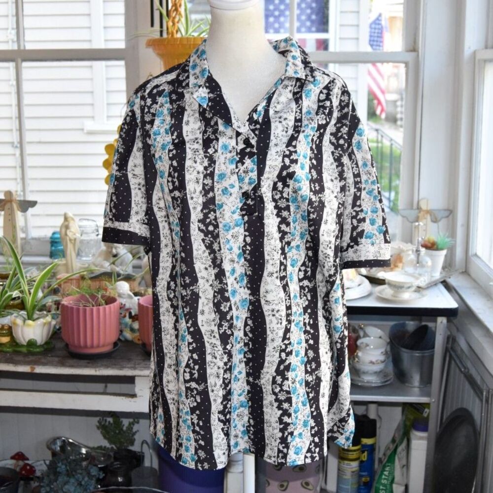 Vintage 90s Top Notch Black White Teal Floral Stripe Blouse Women's 2XL